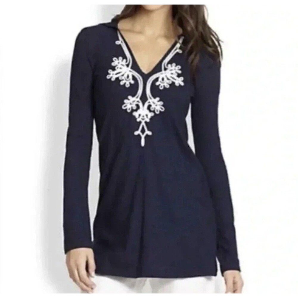 Lilly Pulitzer Womens Noelle Navy Embroider Tunic Hooded Size S Blue Coastal
